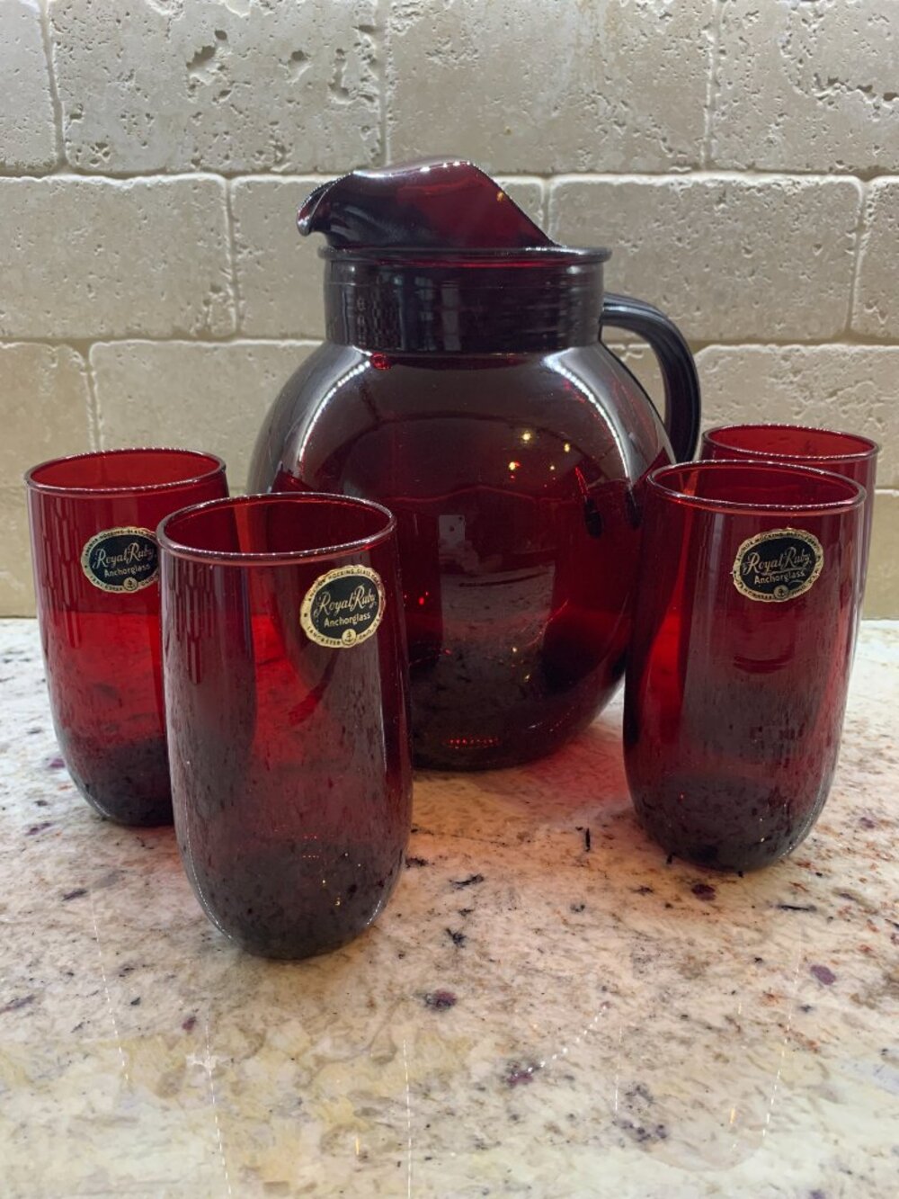 Vintage Anchor Hocking Royal Ruby Red glass pitcher 4 matching glasses